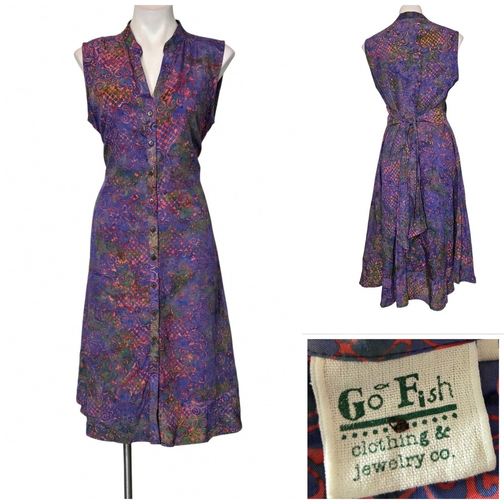 Go Fish Clothing Batik Rayon Midi Dress Purple Orange Sleeveless Button Front M